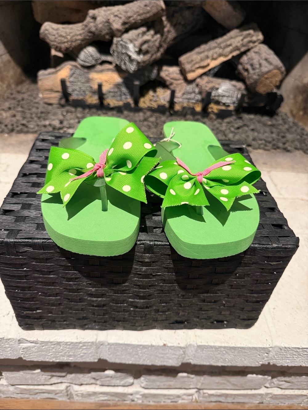 Lime Green Polka Dot Bow Flip Flops with Pink Tie - Women